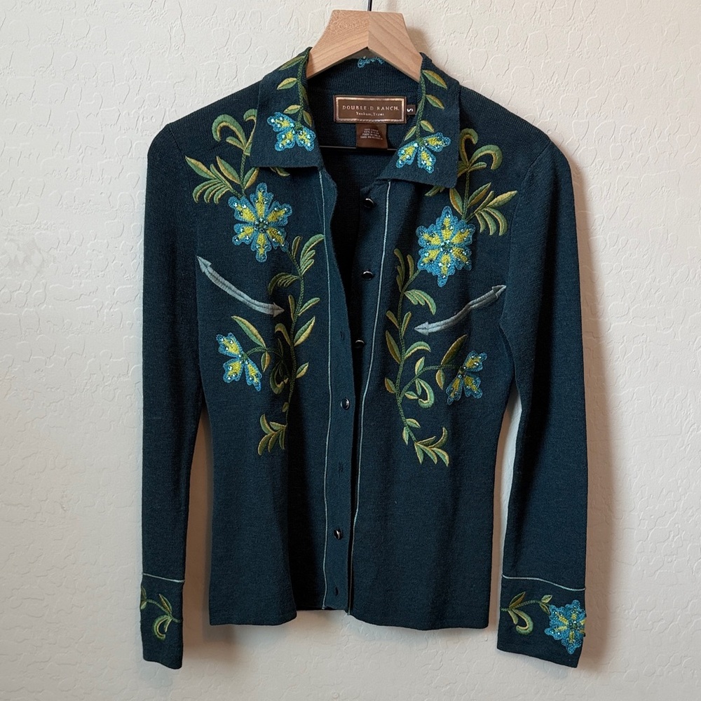 Double D Ranch Teal Cardigan with Floral Beaded Embroidery Size Small